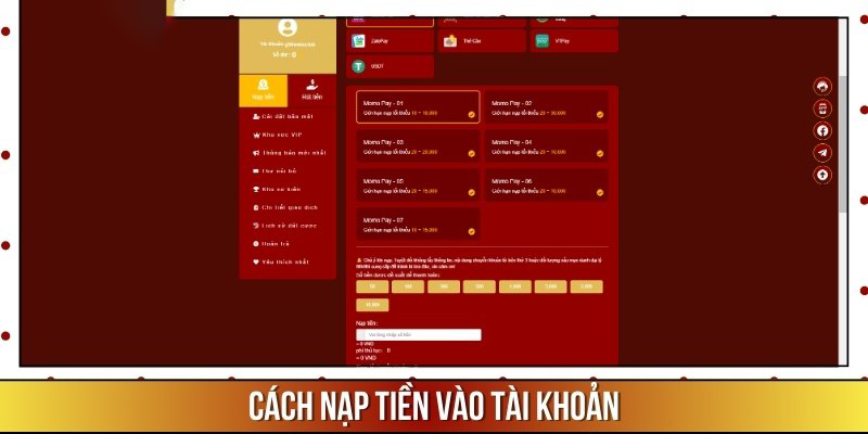 Các bước nạp tiền vào tài khoản 98win