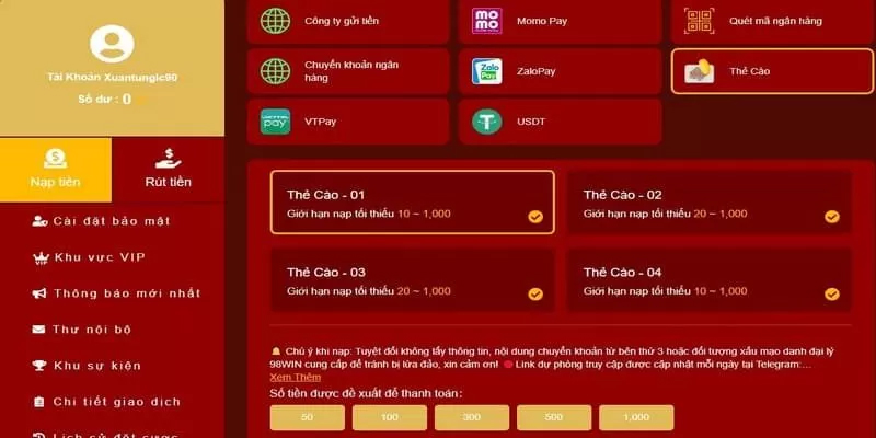 Nạp tiền 98win - đa dạng phương thức giao dịch